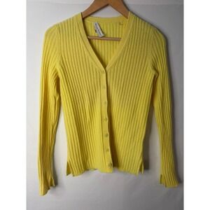 White + Warren 100% Cashmere Ribbed Cardigan XS Yellow Luxury Coquette Preppy